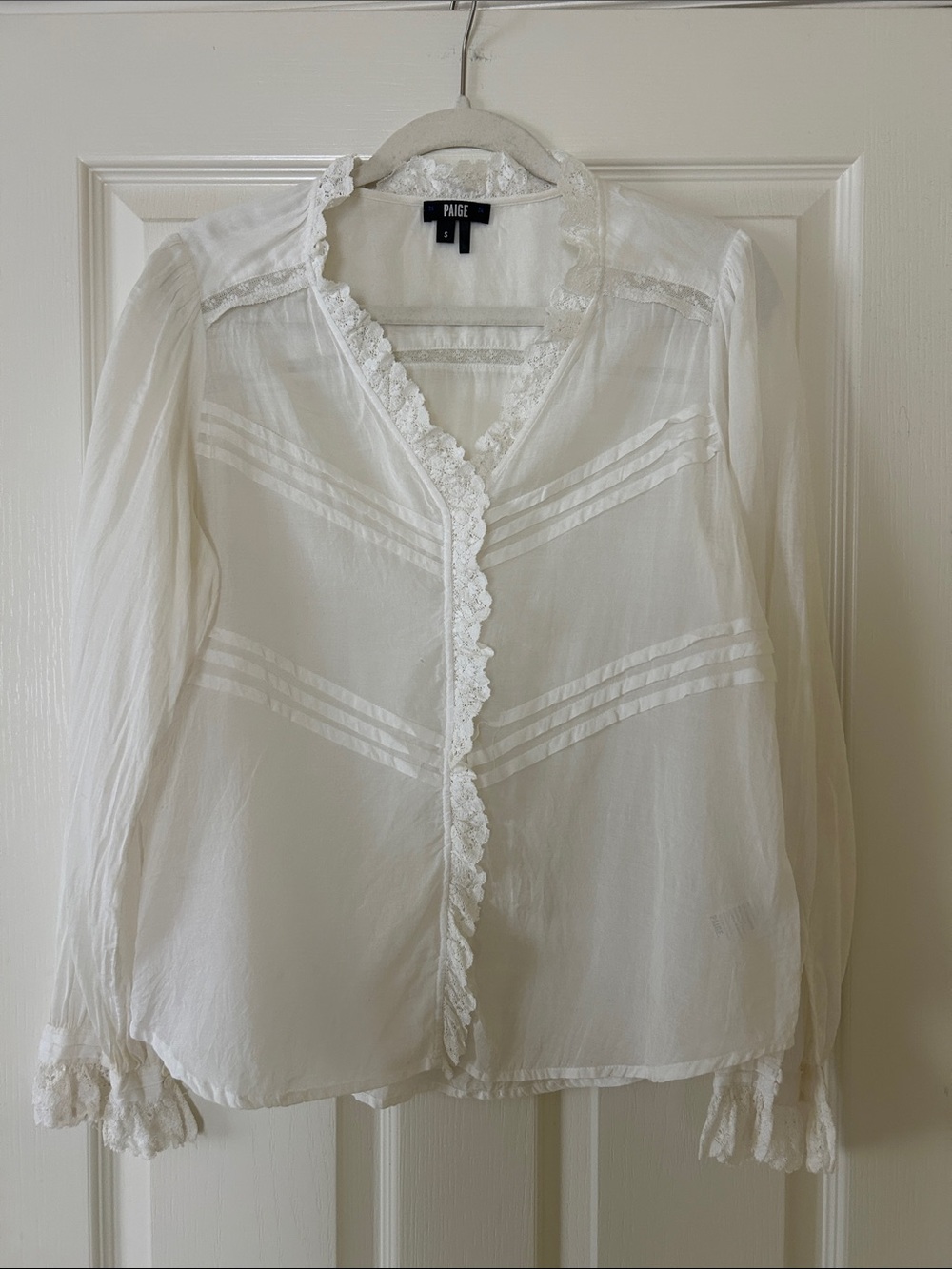 PAIGE white Lace-Trim Sheer V-Neck Blouse